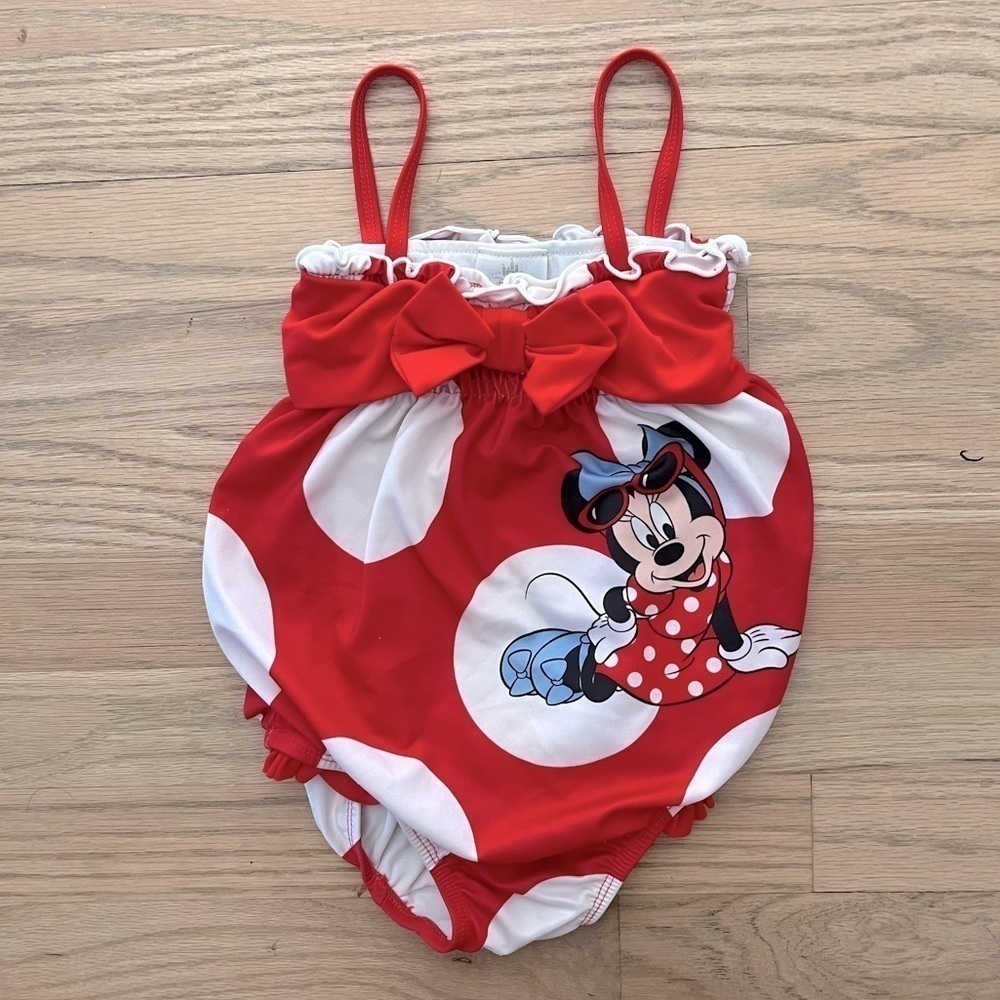 Minnie Mouse swimsuit polkadot red white 18-24 mo bow ruffles bubble one piece